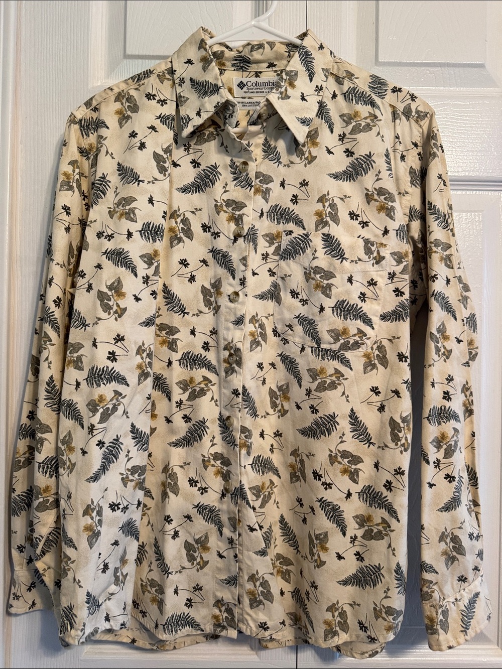 Columbia Cream Button-Up Shirt with Olive & Black Botanical Print